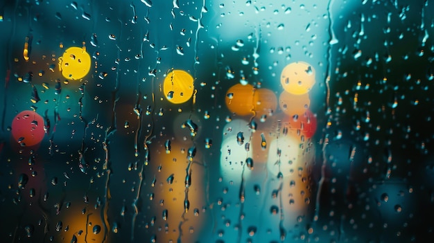 車の窓に落ちる雨の滴光がぼやけ街のシーンがぼやき