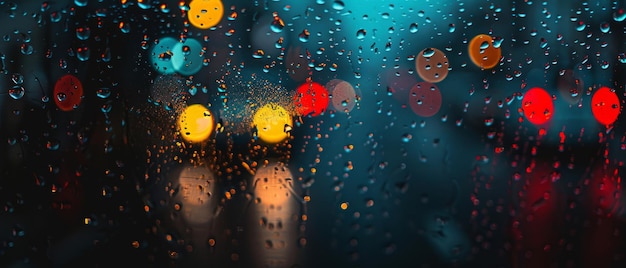 車の窓に落ちる雨の滴 雨の滴はぼやけている