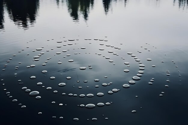 写真 雨の滴が湖で円を形成するテキスト