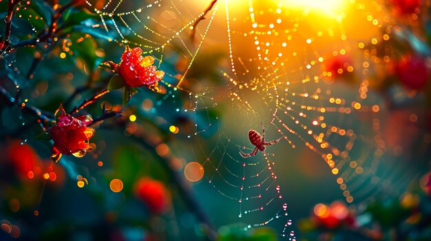 Raindrops cling to a spiders delicate web transforming it into a glistening masterpiece