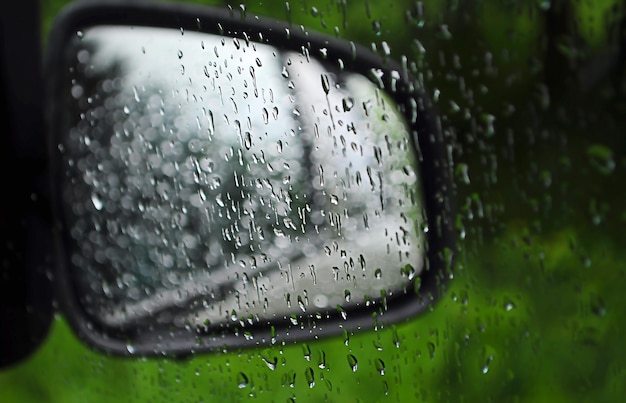 Raindrops close-up on the car window against the background of the rear-view mirror, horizontal wide banner, abstract blurred background, free space for text