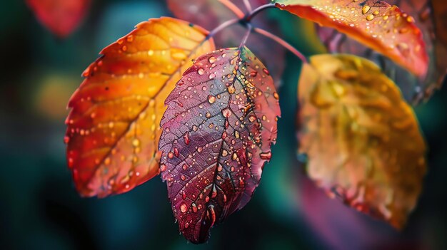 Raindrops on colorful autumn leaves