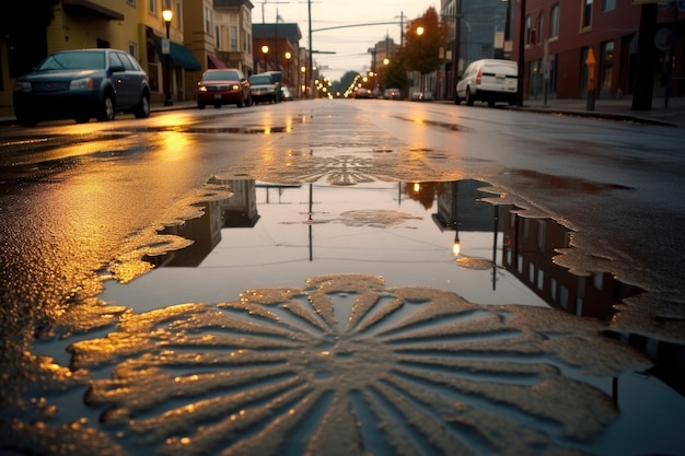 写真 通りの水たまりに雨粒が模様を作る