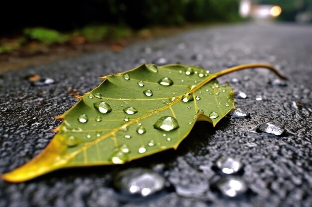 舗装の亀裂にあるタンポポの葉に雨粒が落ちる