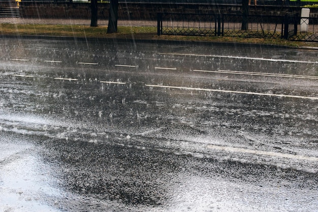 Raindrops fall on the high road closeup