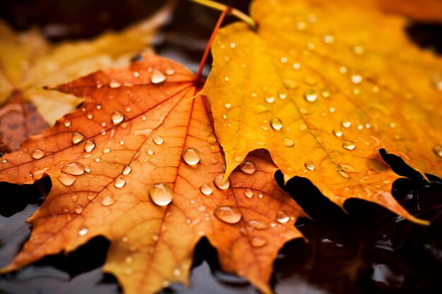 Raindrops falling on colorful autumn leaves