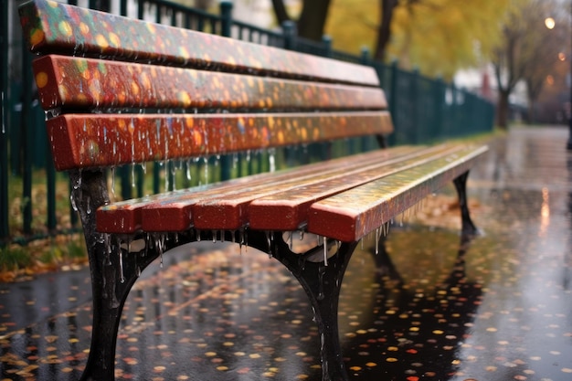 Raindrops falling on freshly painted bench created with generative ai