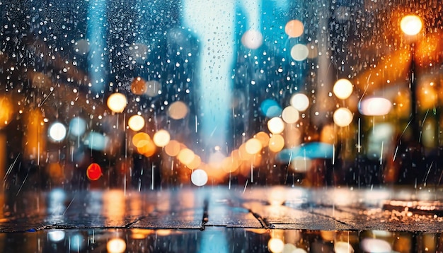 Photo raindrops falling to the ground blurred night city with light on background