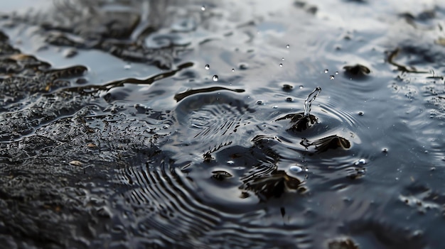 写真 雨の滴が水の池に落ちて一連の同心円を形成します水は暗く暗く空からの光を反射します