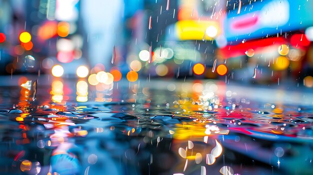 写真 街の通りに落ちる雨の滴は街の光の美しくカラフルな反射を生み出します