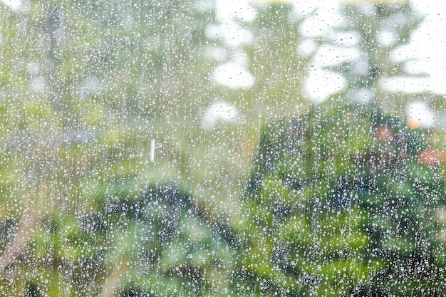 Raindrops falling and running down office windows