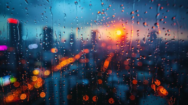 Photo raindrops falling on a window with city lights wallpaper