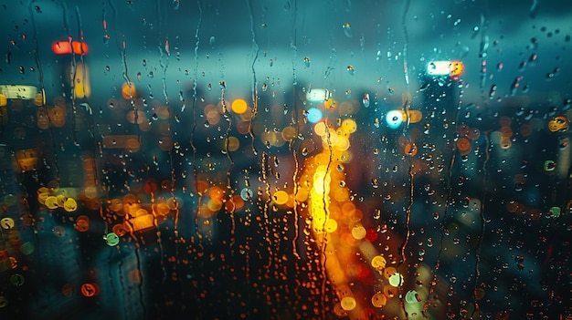 Photo raindrops falling on a window with city lights wallpaper