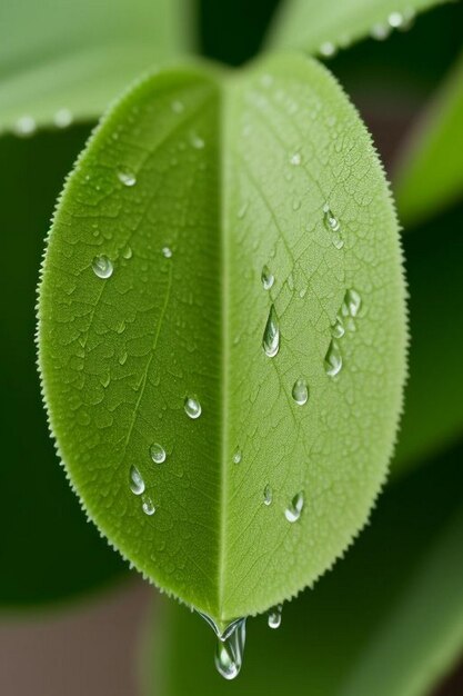 raindrops on fresh green leaves on a black background Macro shot of water droplets on leaves