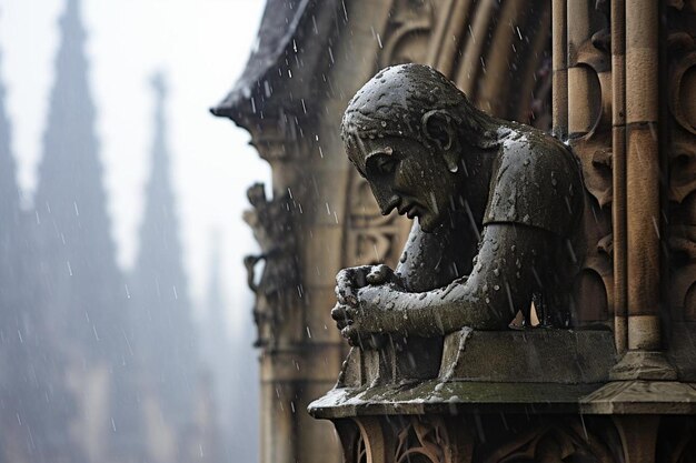 Photo raindrops on a gargoyle perched on the edge of a gothi