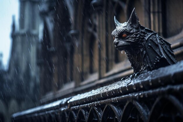 Raindrops on a gargoyle perched on the edge of a Gothi