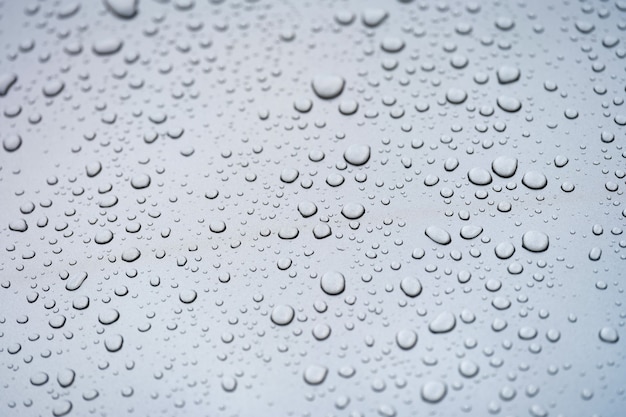 Raindrops on glass against gray sky closeup