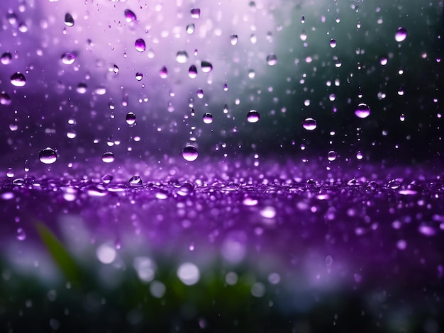 Raindrops on glass for purple backdrop rainy fall autumn weather Abstract backgrounds with rain drops on window and blurred day sky Outside window is blurred bokeh water background Copy space