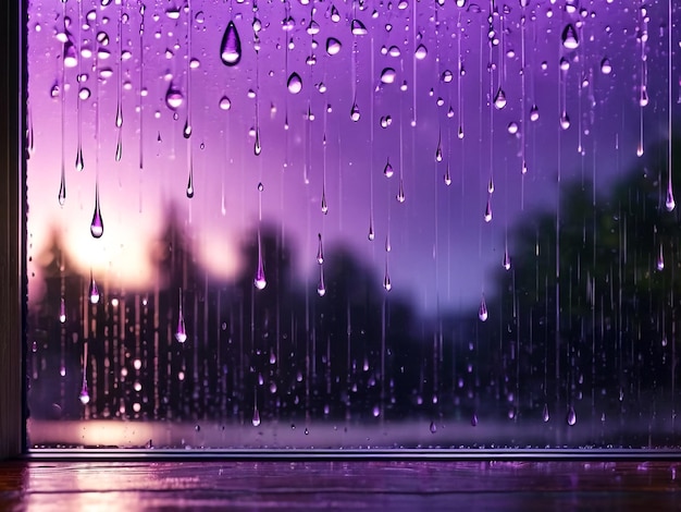 Raindrops on glass for purple backdrop rainy fall autumn weather Abstract backgrounds with rain drops on window and blurred day sky Outside window is blurred bokeh water background Copy space