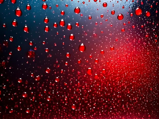Raindrops on glass for red backdrop rainy fall autumn weather Abstract backgrounds with rain drops on window and blurred day sky Outside window is blurred bokeh water background Copy space