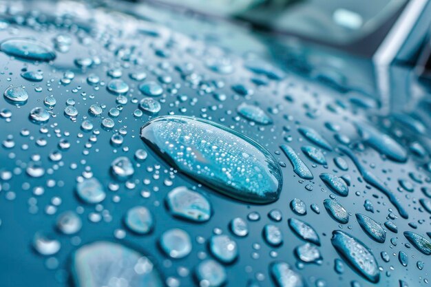 Raindrops on the hood and glass surface of an car