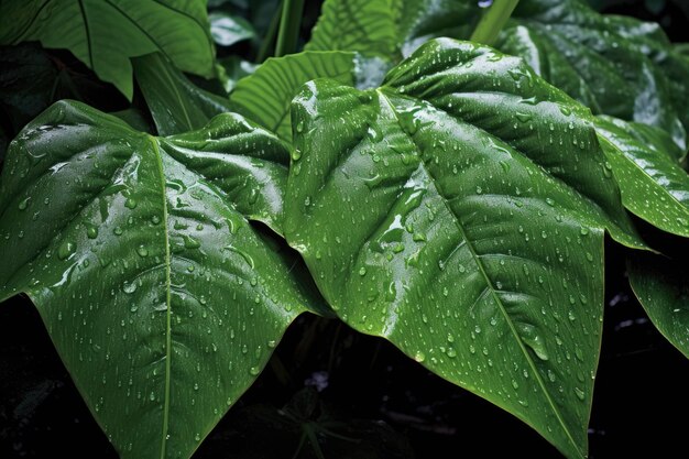 Raindrops on large green leaves after a tropical shower