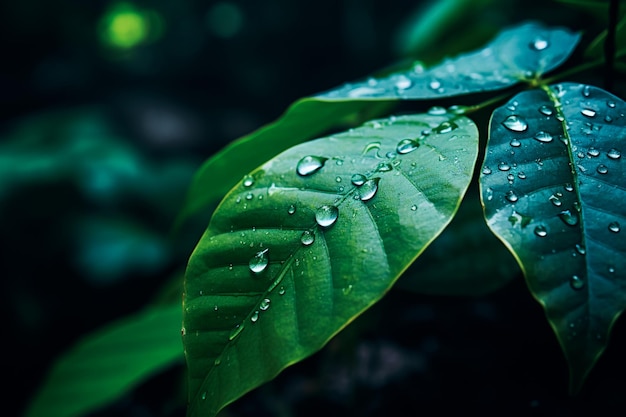 raindrops on a leaf with green leaves in the style of unreal engine 5 enigmatic tropics