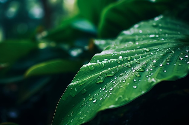 raindrops on a leaf with green leaves in the style of unreal engine 5 enigmatic tropics