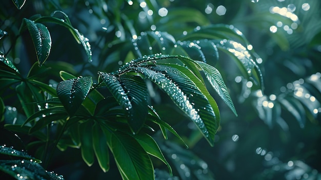 방울이 아지는 잎의 배경은 비가 오는 날, 비가 오는 계절, 식물과 물방울의 장면이 그려져 있다.