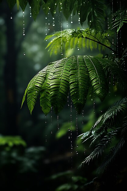 Foto gocce di pioggia sulle foglie di una pianta tropicale
