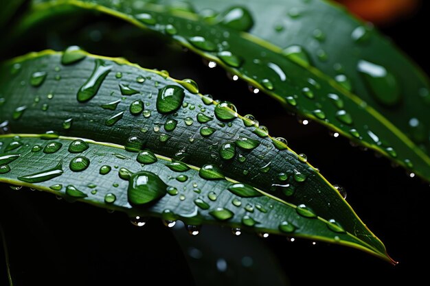 ズームされたフォーカスビューでの葉の上の雨滴