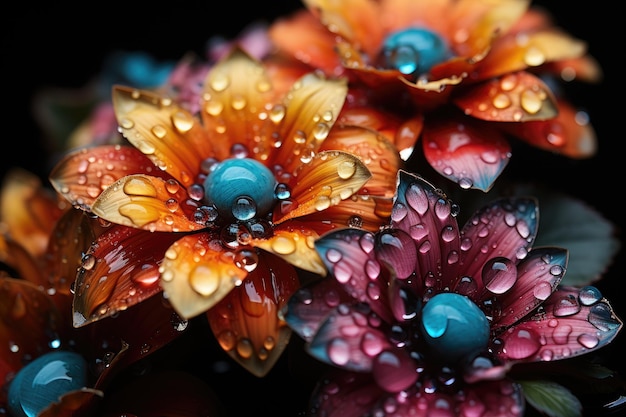 raindrops on leaves with zoomed focus view