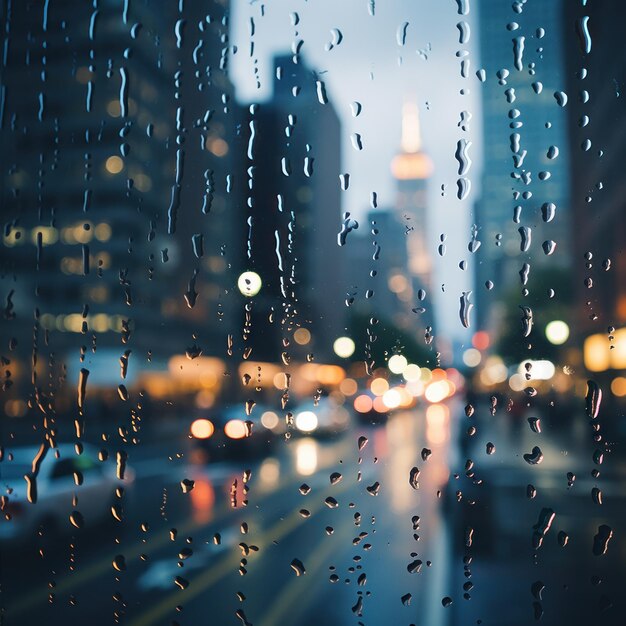 写真 窓の上の雨滴と背景のぼんやりした都市風景