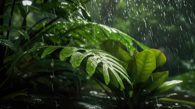 Raindrops on a plant in the jungle