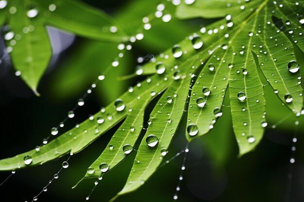 庭のクモの網に落ちる雨の滴