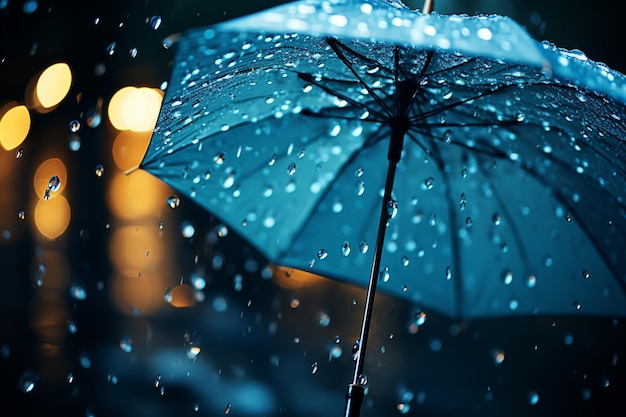 Raindrops splash on the umbrella depicting a concept of rainy weather