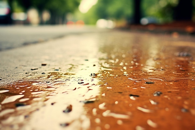 Raindrops splashing in puddles on the sidewalk