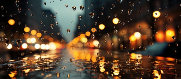 Raindrops streak down a window city lights blurred in the distance