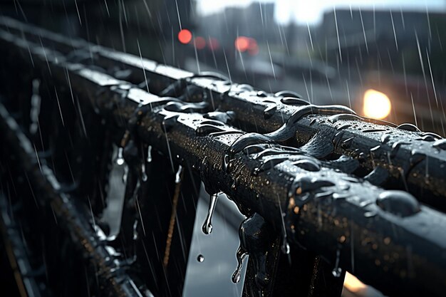 Raindrops on the surface of a metal drainpipe