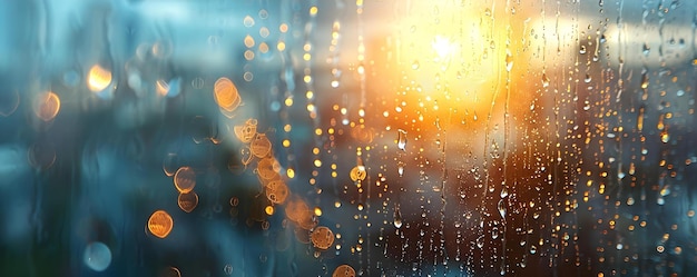 Фото Капли дождя вращаются на освещенном солнцем окне, раскрывая городской мир за пределами концепции дождливый день городская жизнь красота природы свет и тень искусство окон