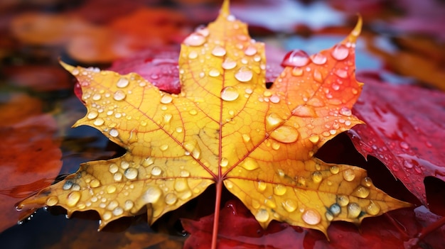 Капли дождя на ярком осеннем листе