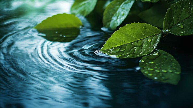 Photo raindrops on vibrant green leaves creating ripples in a tranquil water surface during a serene afternoon