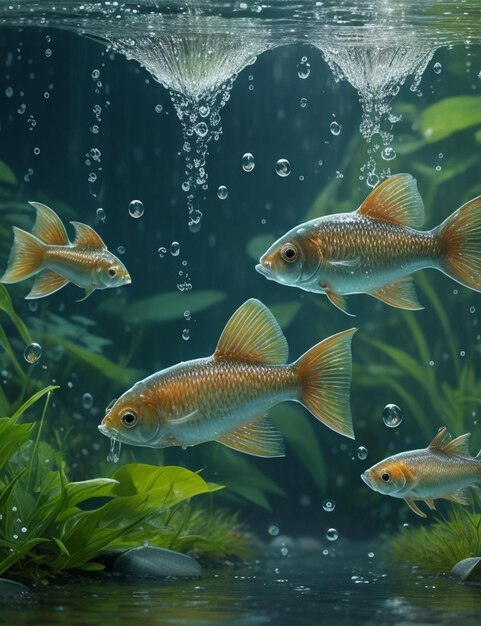 Raindrops above the water stream Fish playing