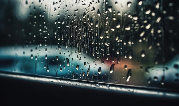 Raindrops on a window are seen on a rainy day.