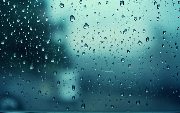 窓の雨の滴 青い色