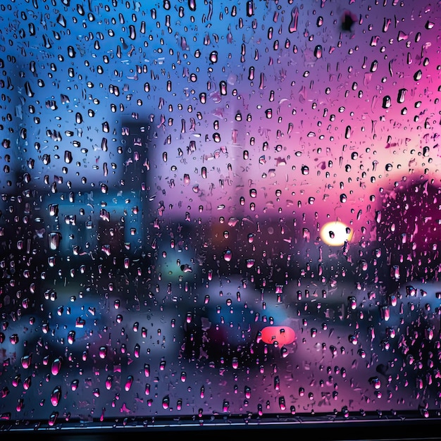 窓ガラスの街と交通上の雨滴