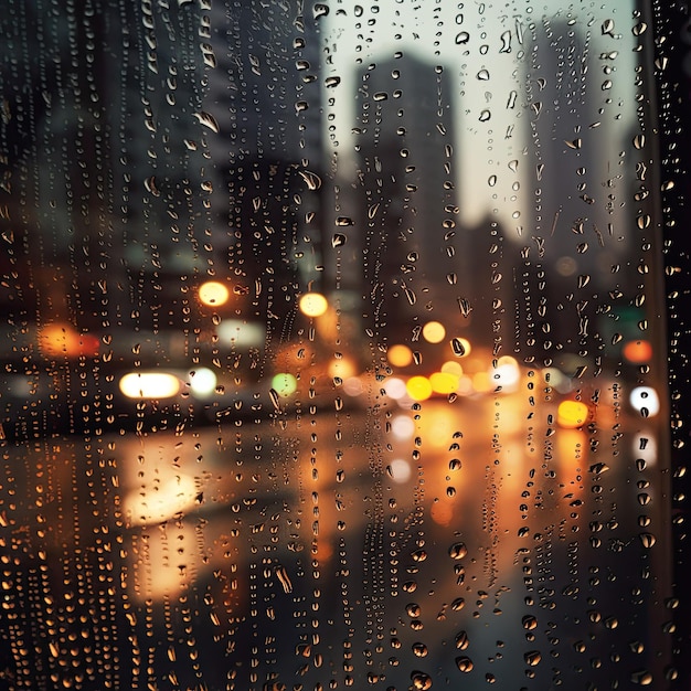 窓ガラスの街と交通上の雨滴