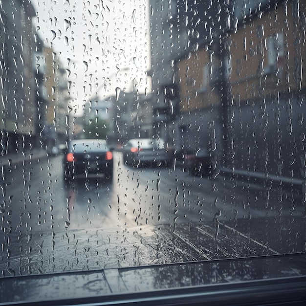 窓に雨の滴が落ちておりそれを通って街の通りを見ることができ車の焦点が消えています