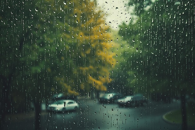 Raindrops on window with abstract cityscape reflection the blurring effect of rain on glass merges