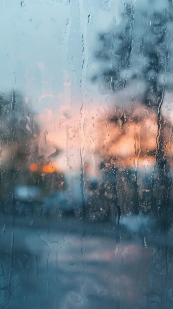 窓の上の雨滴と背景のぼんやりした街の灯り